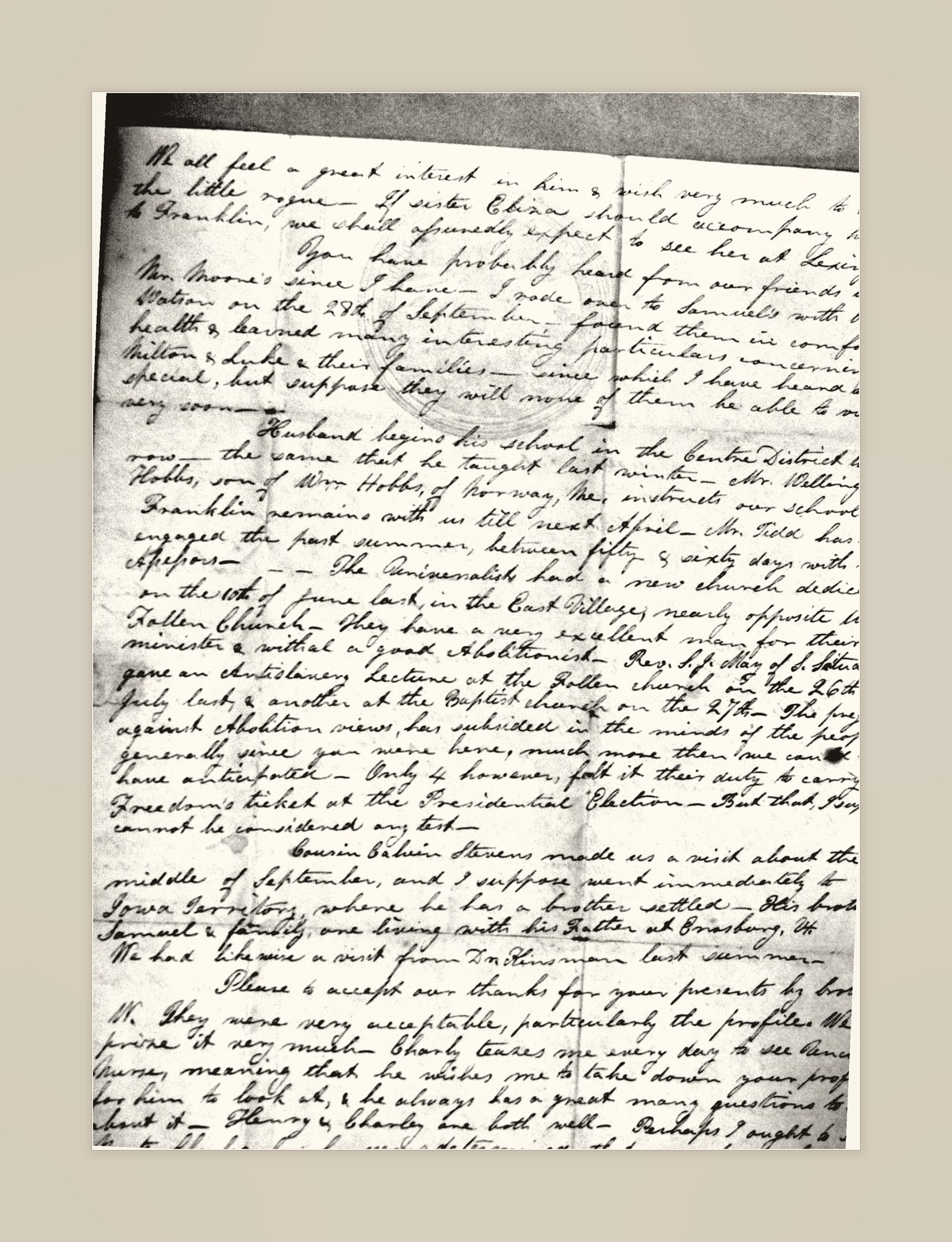 Second page of the 1840 Tidd letter, naming Rev. S. J. May and the Presidential election