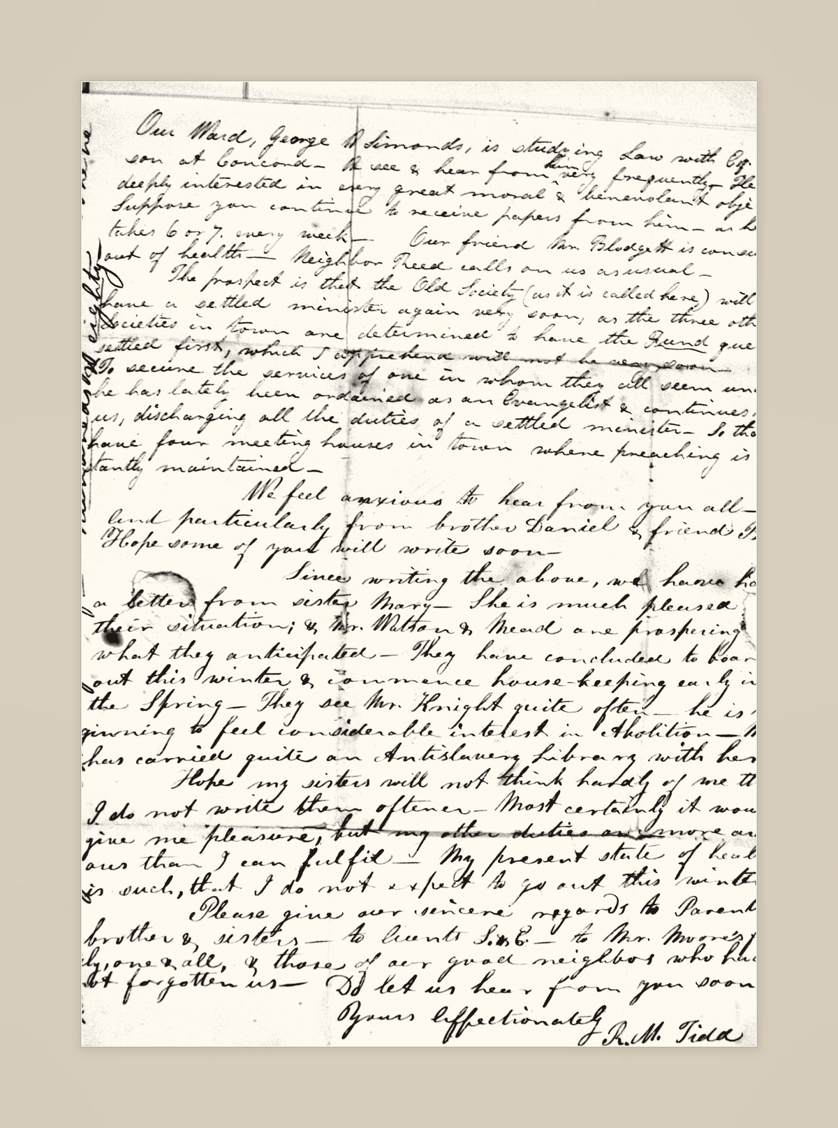 Third page of the 1840 Tidd letter, signed R. M. Tidd