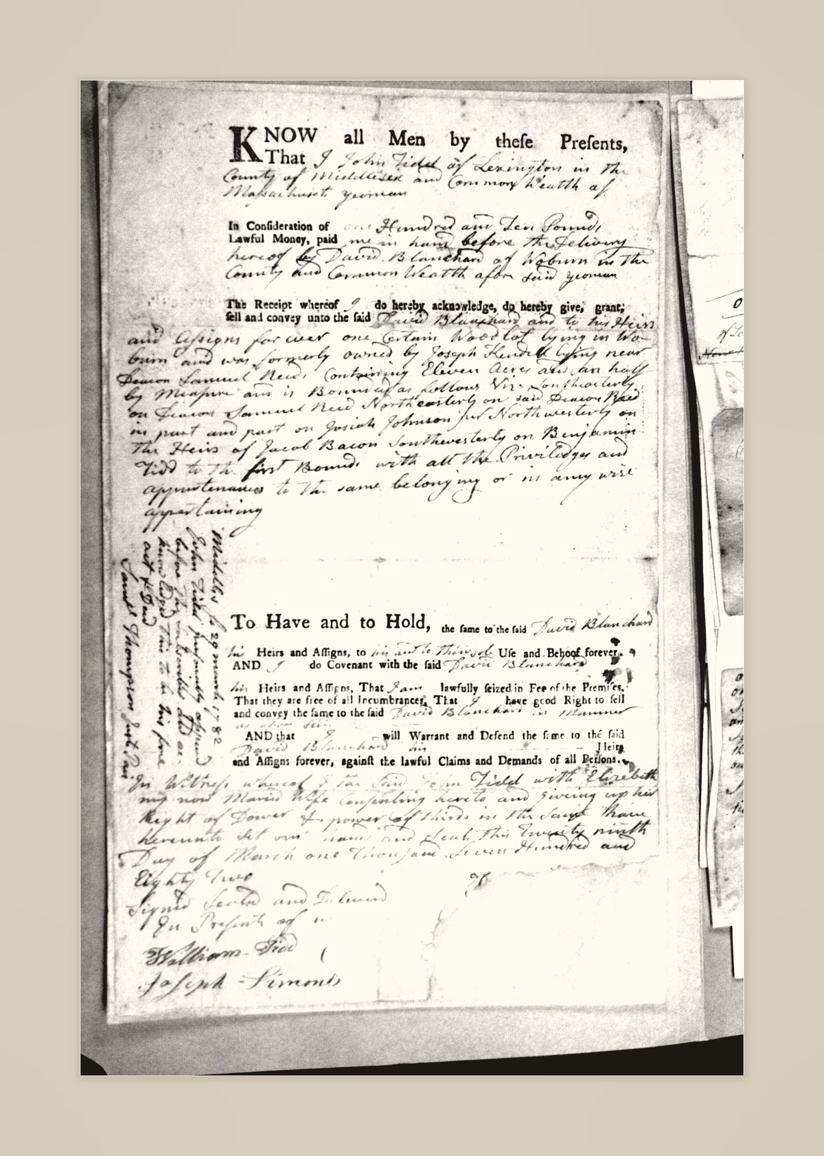 A 1782 deed signed by John Tidd of Lexington
