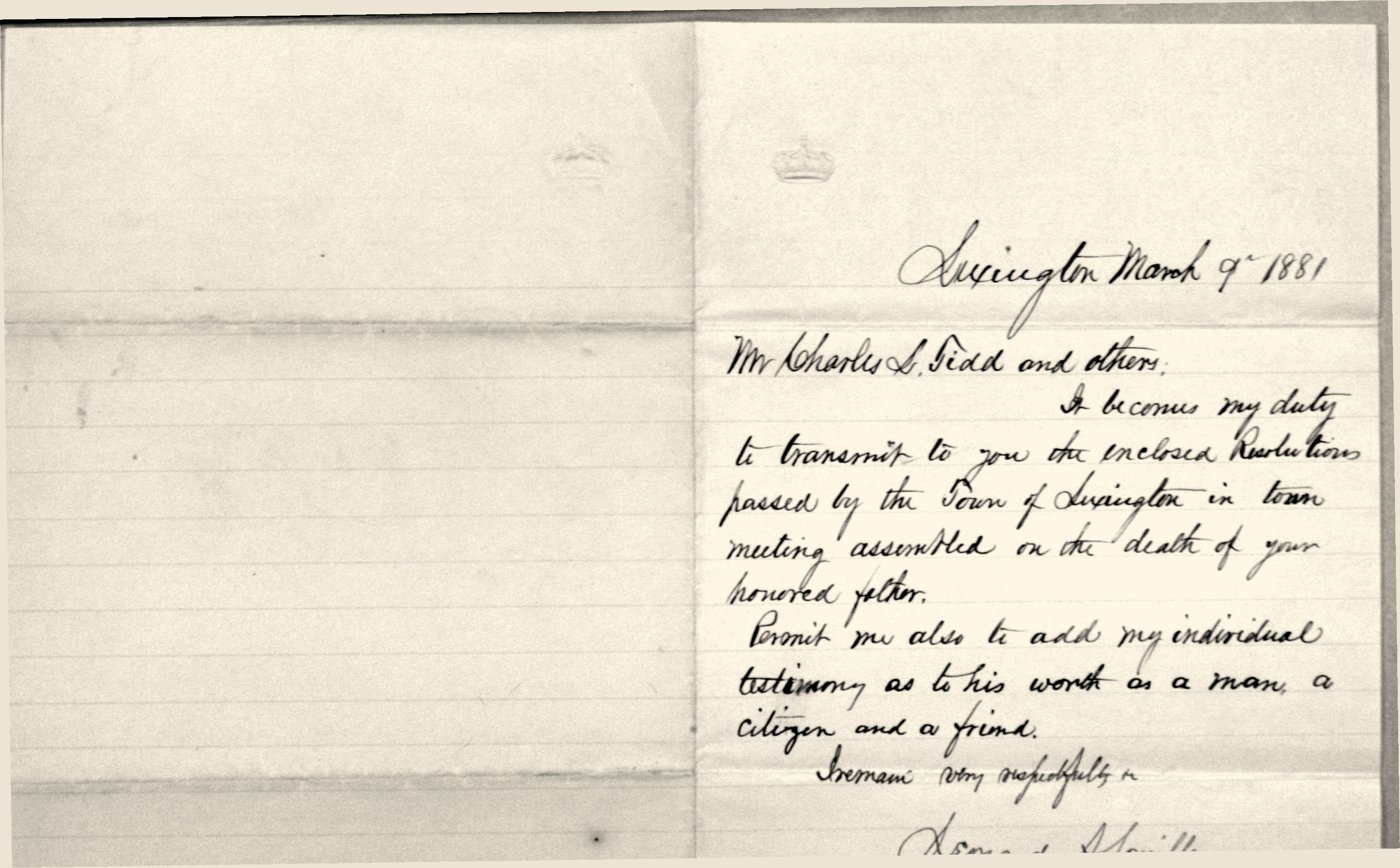 An 1881 letter from the Town of Lexington on the death of a Tidd