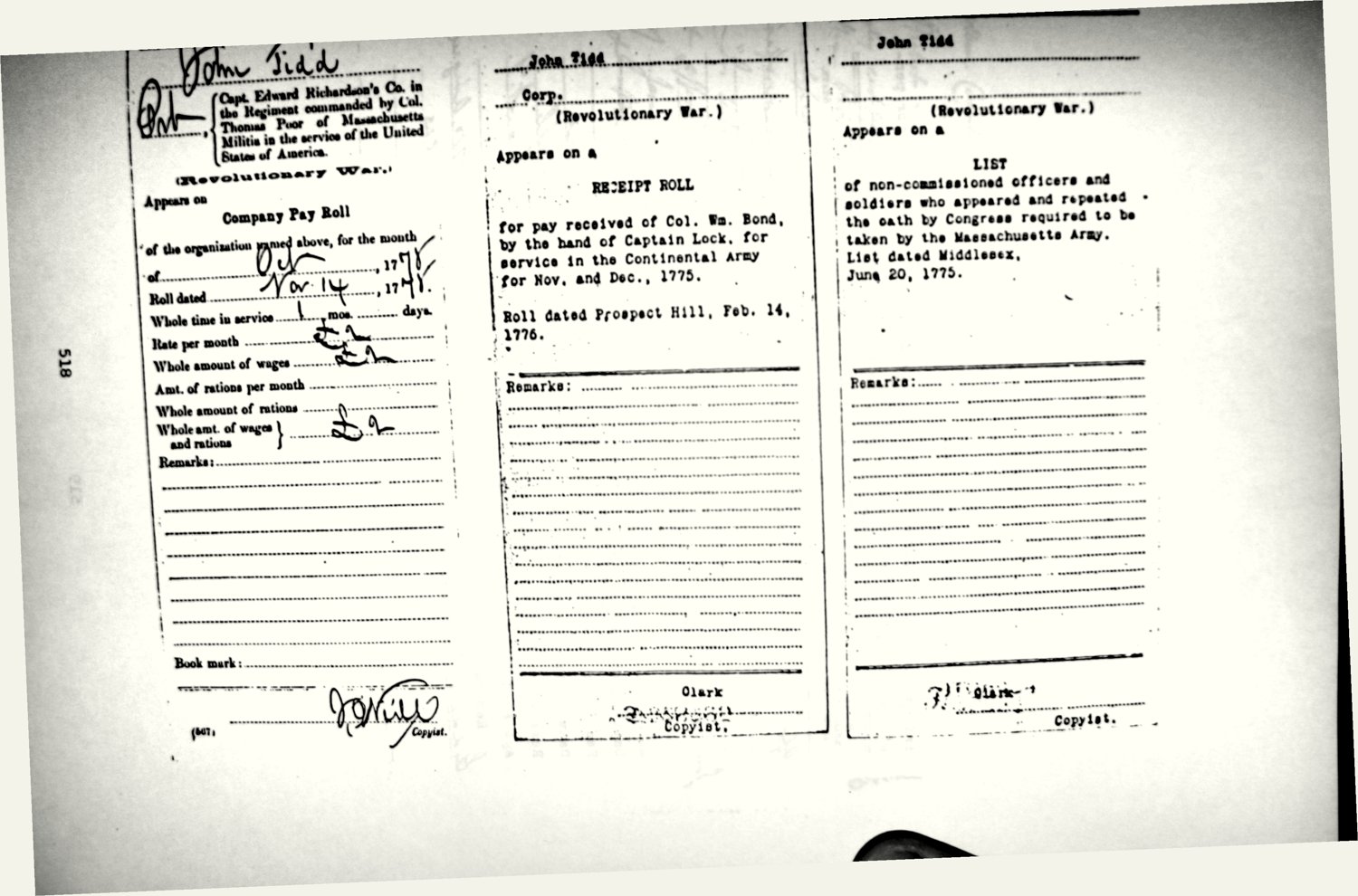 Revolutionary War pay rolls for John Tidd
