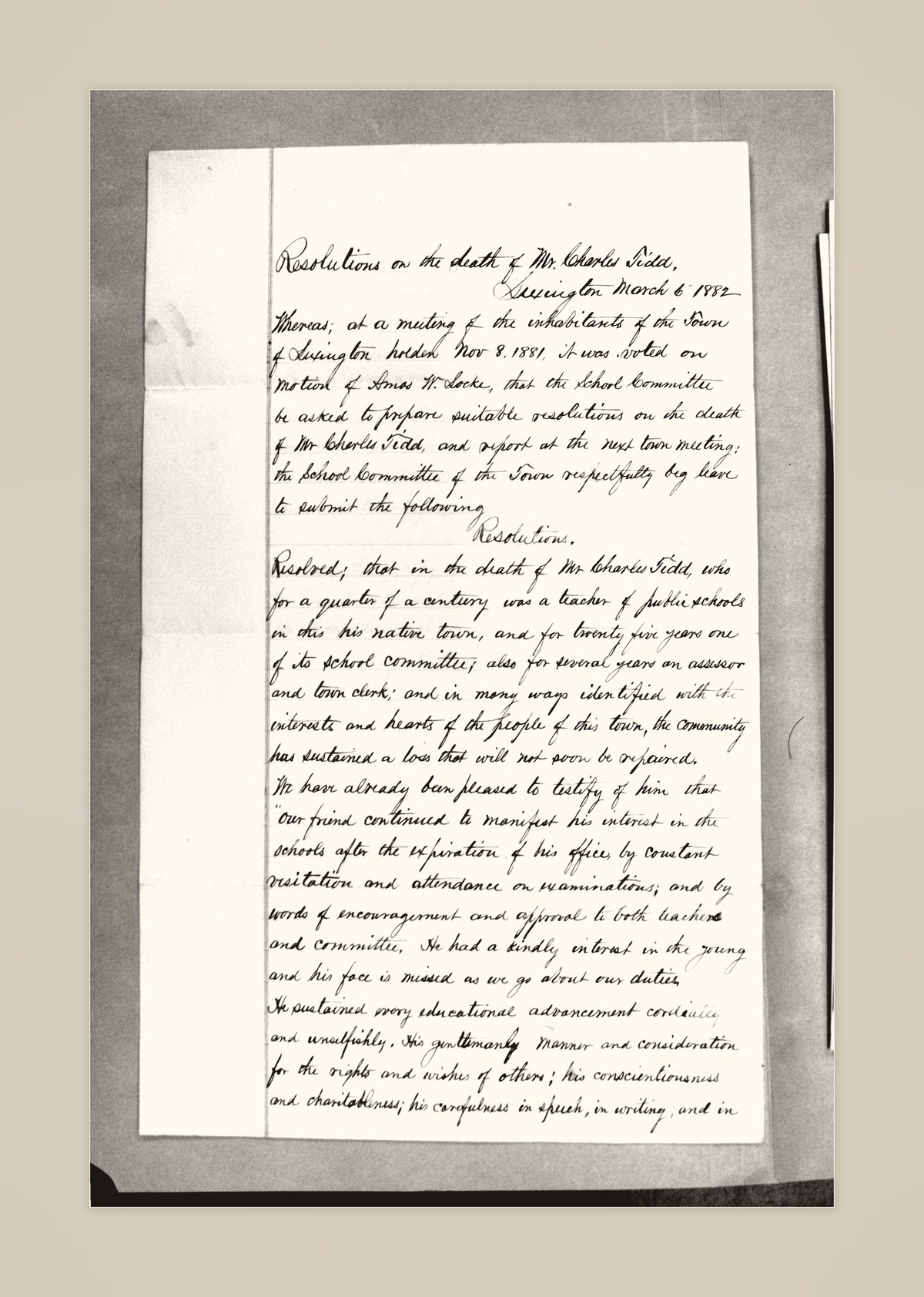 First page of the 1882 Lexington resolutions on the death of Charles Tidd