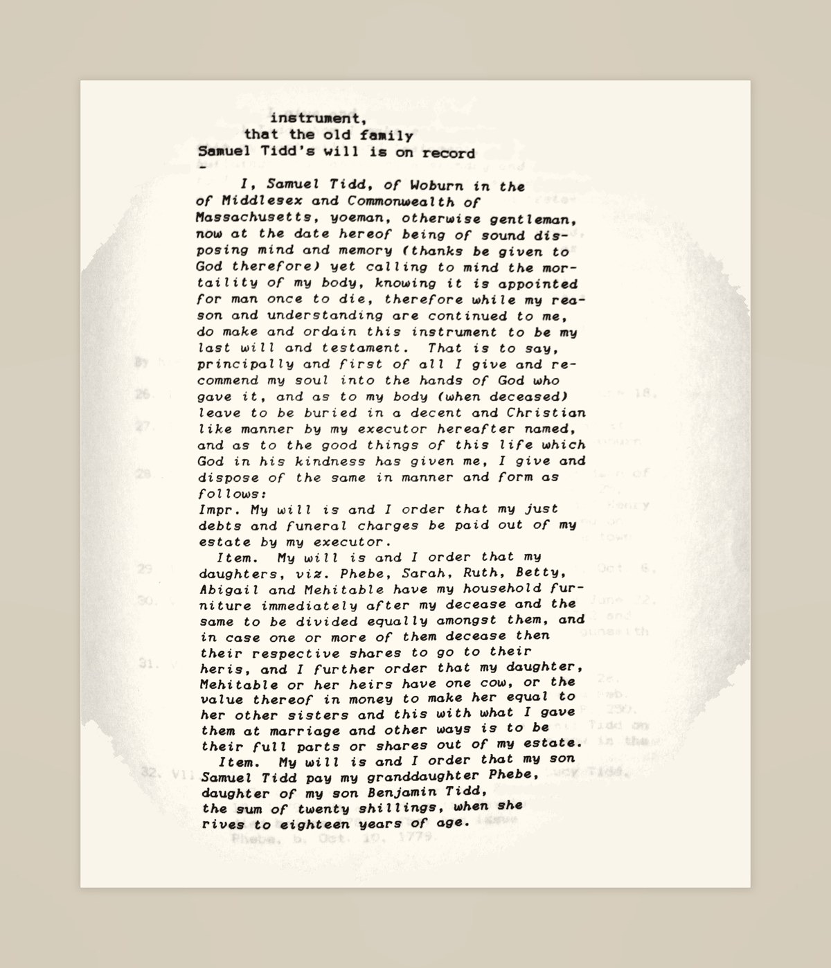 A printed page of Samuel Tidd's will from the 1890 Tidd family history